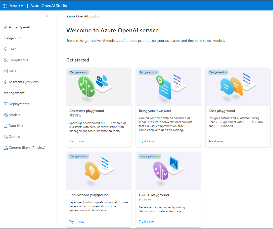Azure Open AI Studio main page