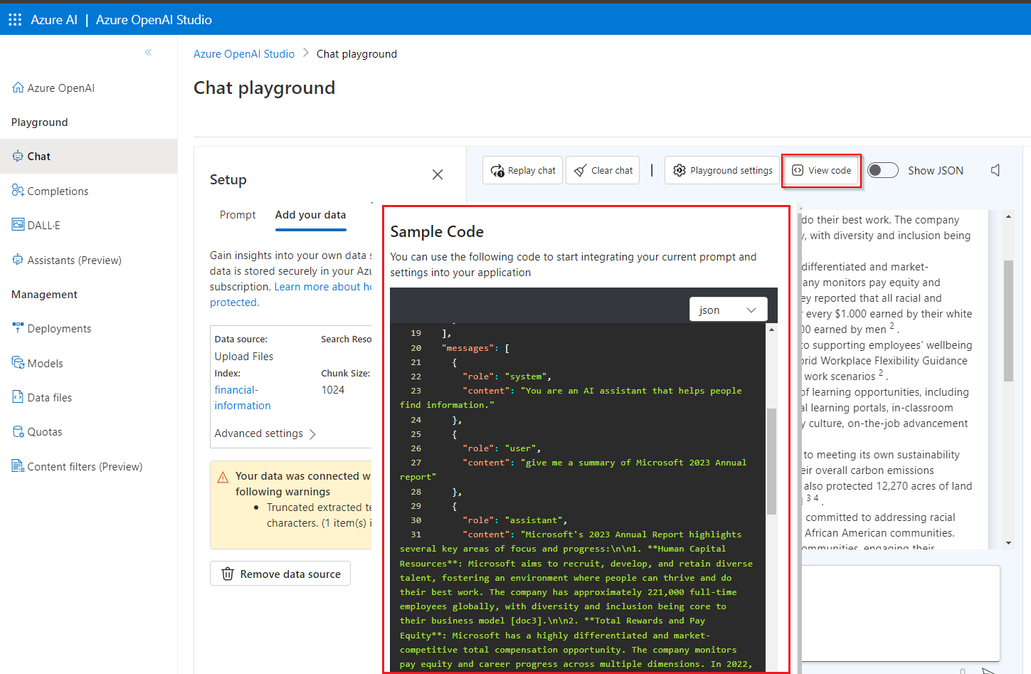 Azure Open AI Studio - Showing code in Azure AI Studio within the Chat Playground