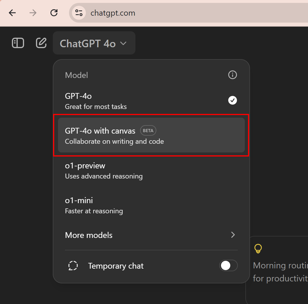 Canvas option in ChatGPT